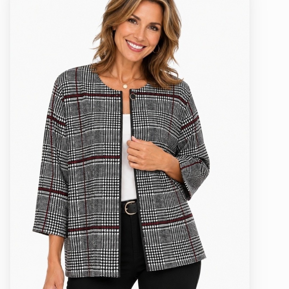 Danny and Nicole Career Jacket Women 16W Black White Glen Plaid Bell Sleeve - Picture 1 of 15